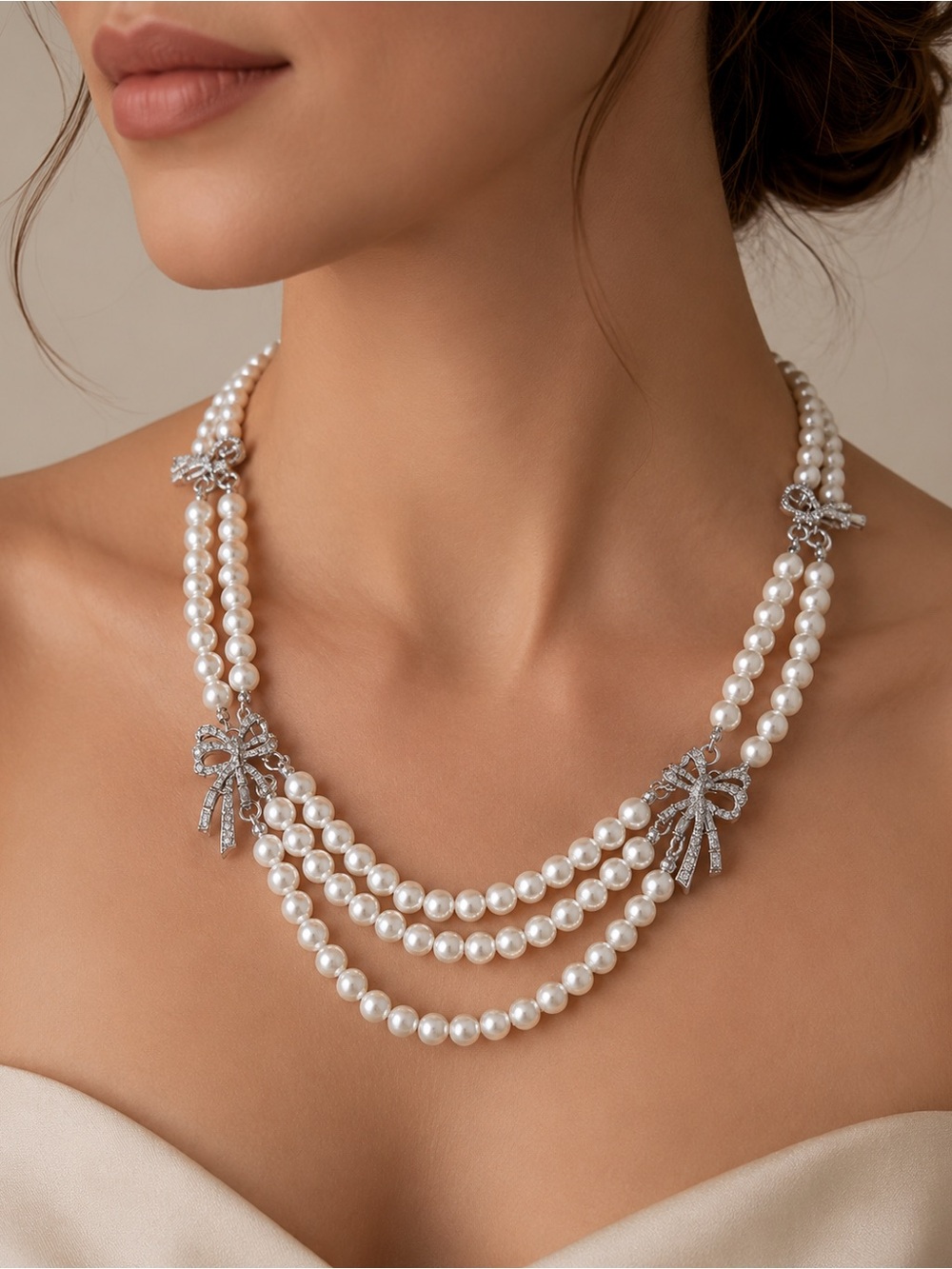 White Triple-Strand Pearl Necklace with Rhinestone Bows